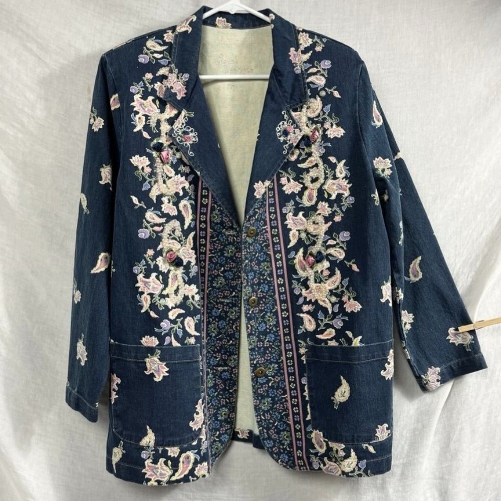 Vintage Floral Denim Jacket Womens M/L Oversized Plus Size 90s Cottage‎ Grandma